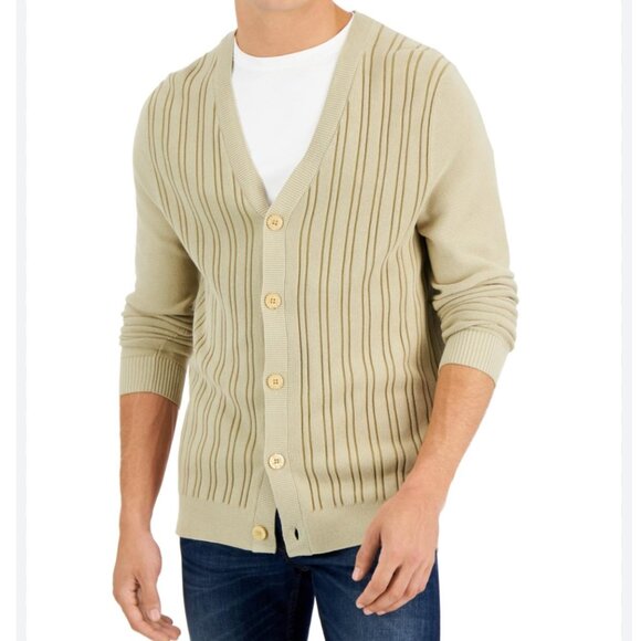 NEW! Alfani Mens Stripe Twill Cardigan Sweater‎ V-Neck Buttons Medium MSRP $70 - Picture 1 of 11